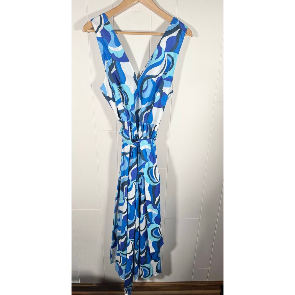 Boden Blue Abstract V-Neck Belted Midi Dress Fit & Flare‎ Sleeveless Size 14R - Picture 5 of 12